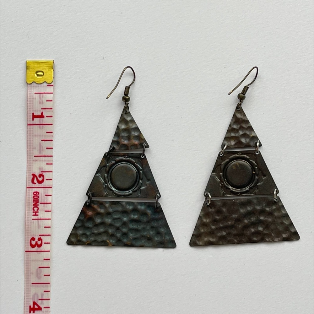 Triangular Metal Geometric Textured Circle Earrings Hinged Copper - Picture 4 of 4